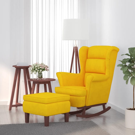 Rocking chair, wooden legs and stool, yellow, velvet