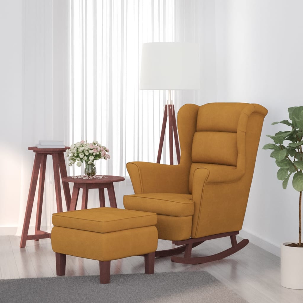 Rocking chair, wooden legs and stool, brown, velvet