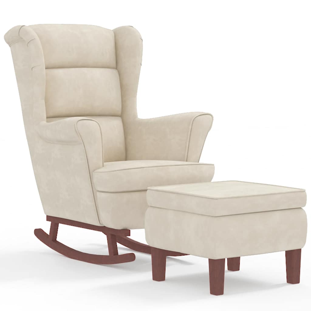 Rocking chair, wooden legs and stool, cream, velvet