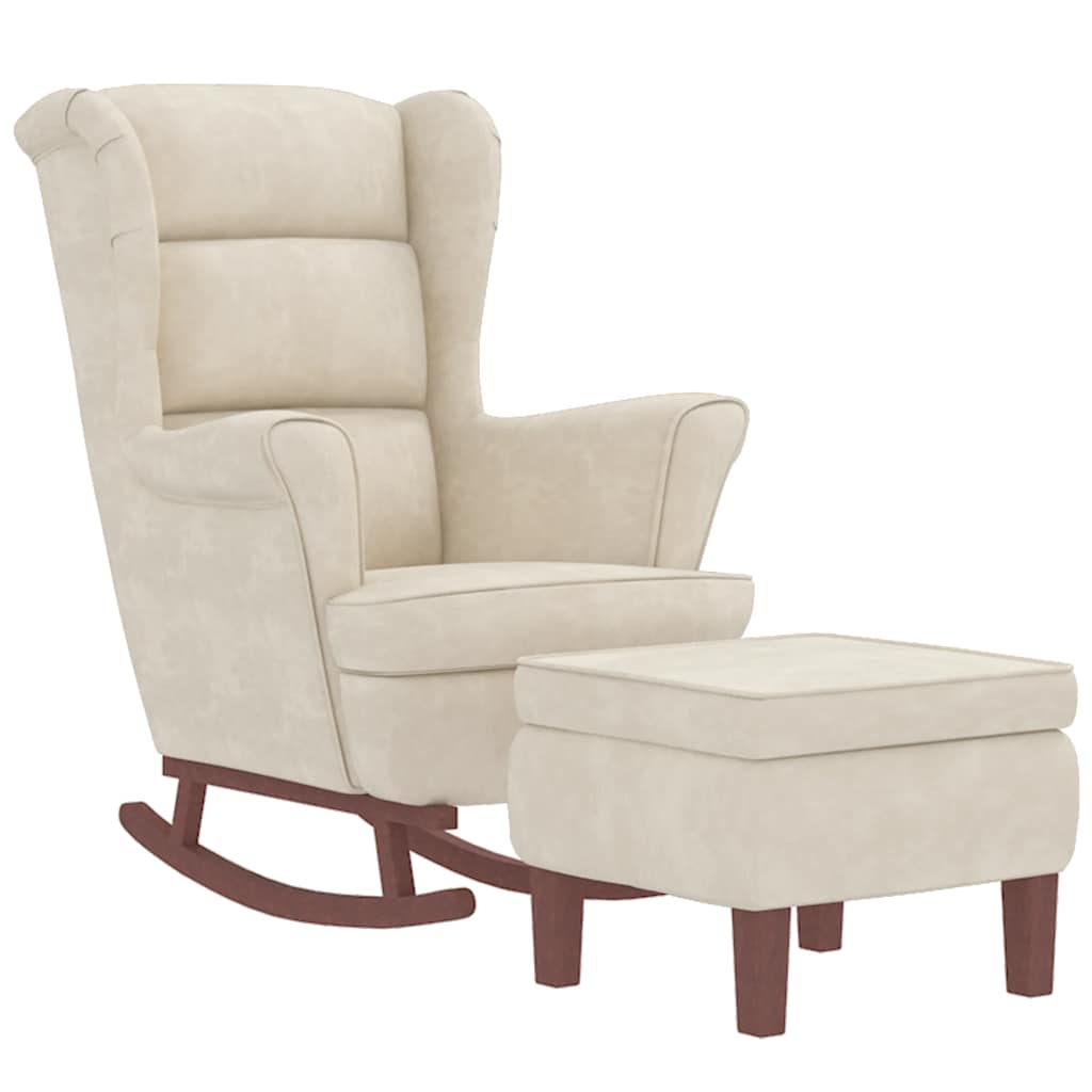 Rocking chair, wooden legs and stool, cream, velvet