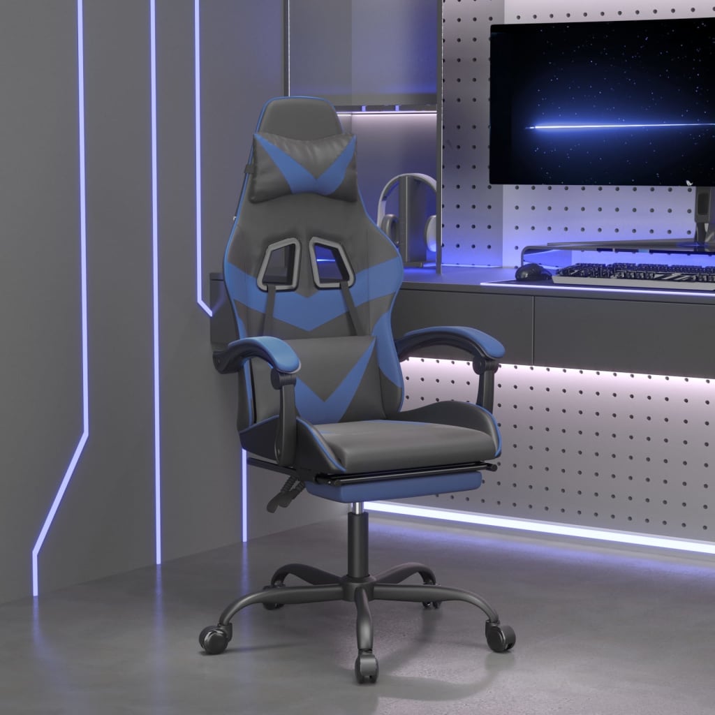 Swivel gaming chair/footrest black/blue eco leather