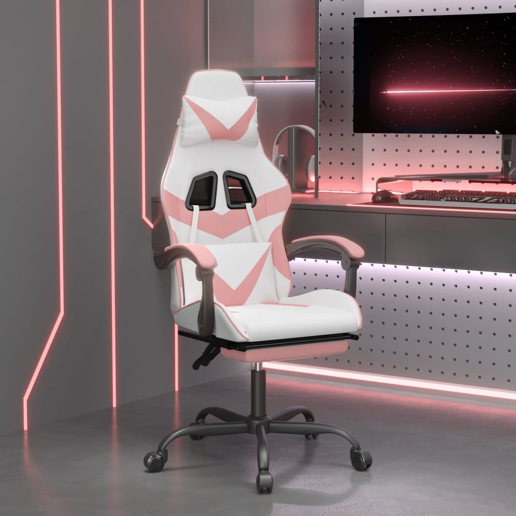 Swivel gaming chair with footrest white &amp; pink eco leather