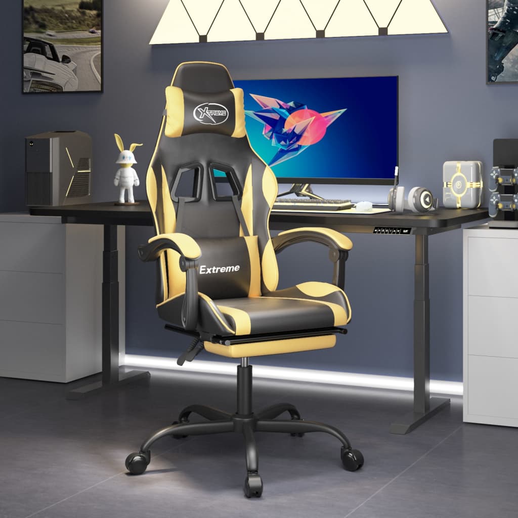 Swivel gaming chair/footrest black/gold eco leather