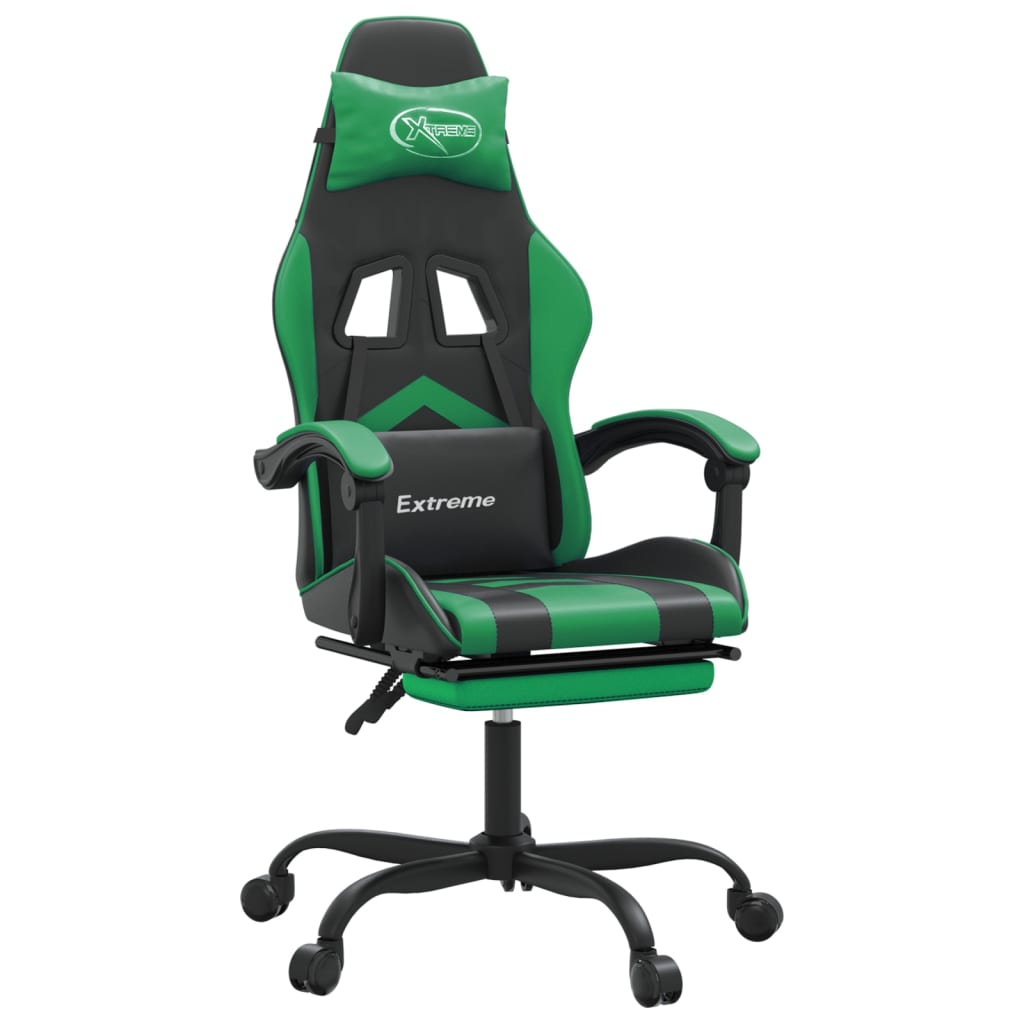 Swivel gaming chair/footrest black/green eco leather