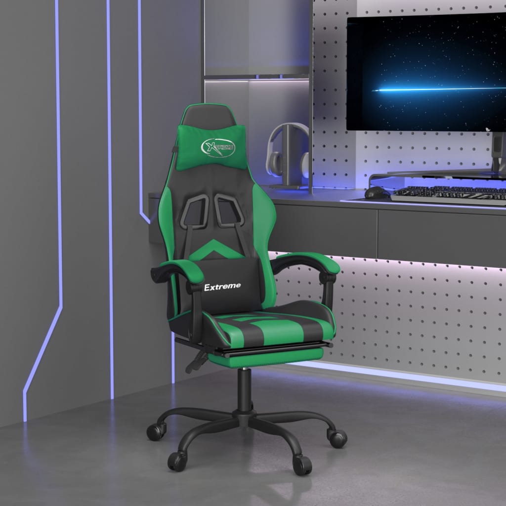 Swivel gaming chair/footrest black/green eco leather