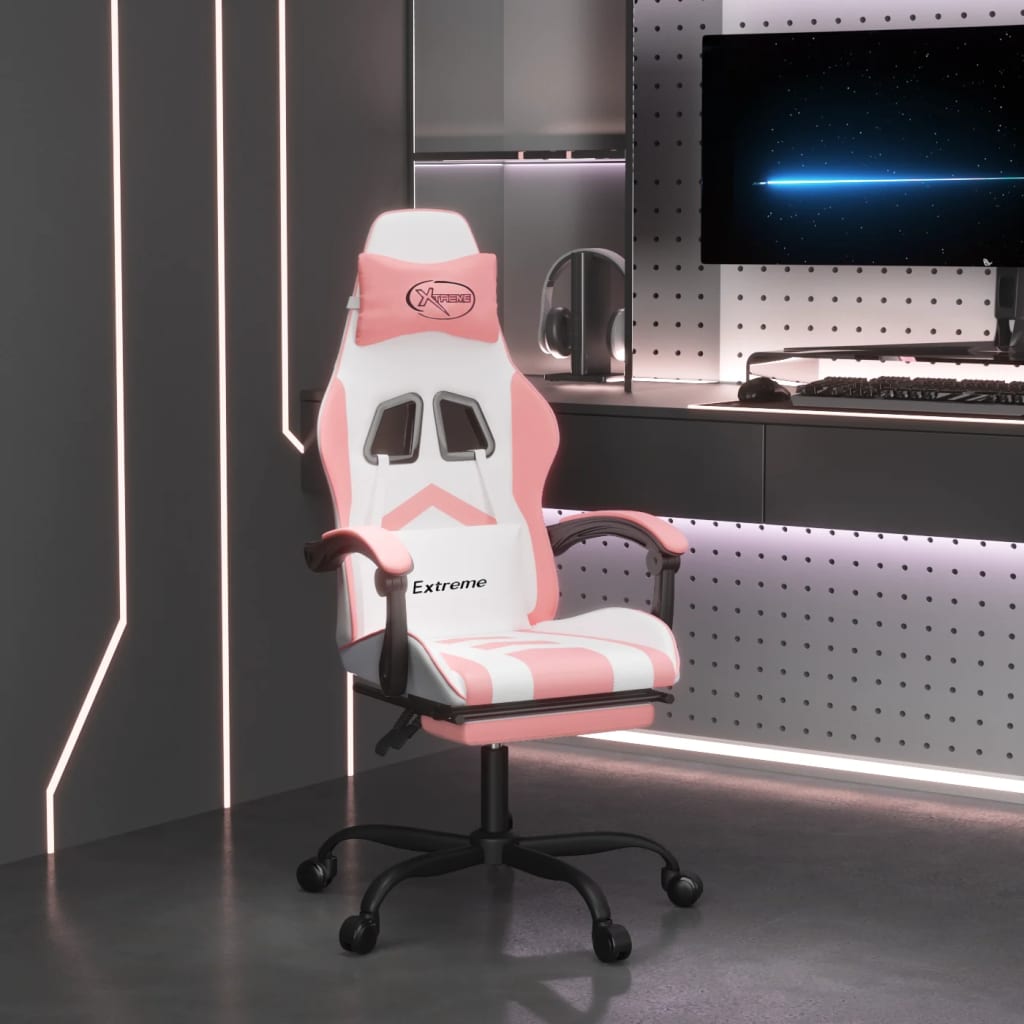 Swivel gaming chair with footrest, white&amp;pink, eco-leather