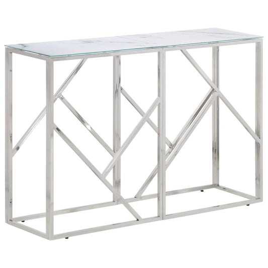 Console table, silver stainless steel and tempered glass