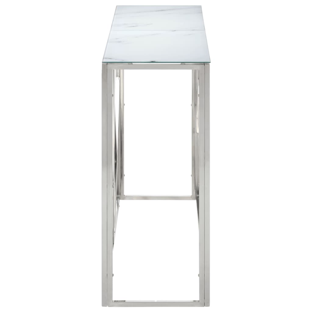 Console table, silver stainless steel and tempered glass