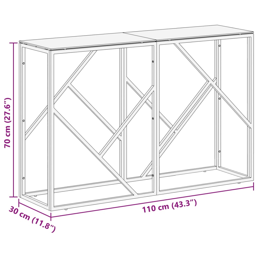 Console table, silver stainless steel and tempered glass