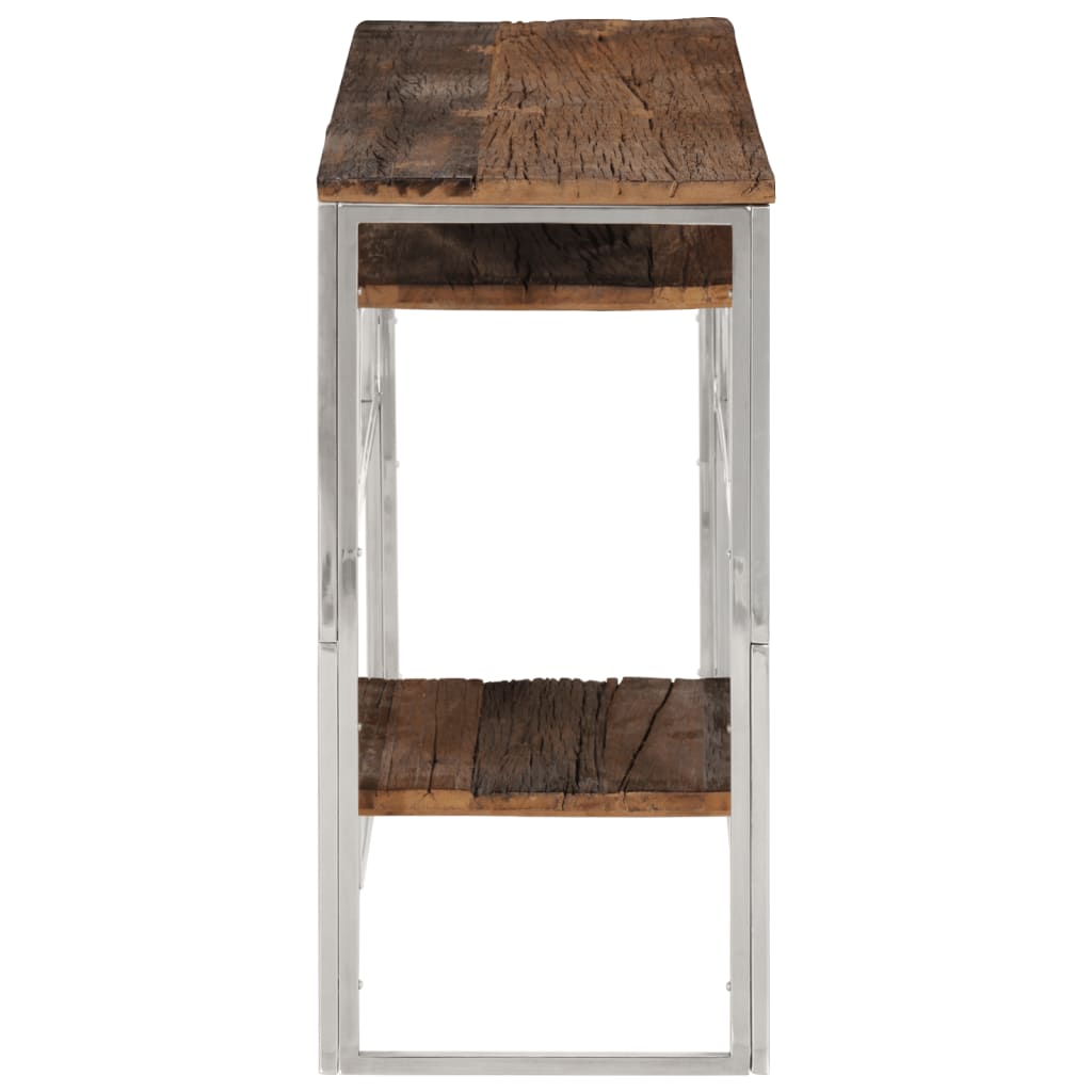 Console table, silver stainless steel and solid wood crossbars