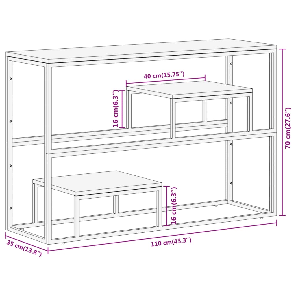 Console table, silver stainless steel and solid wood crossbars