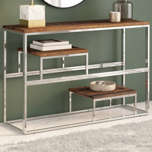 Console table, silver stainless steel and solid wood crossbars