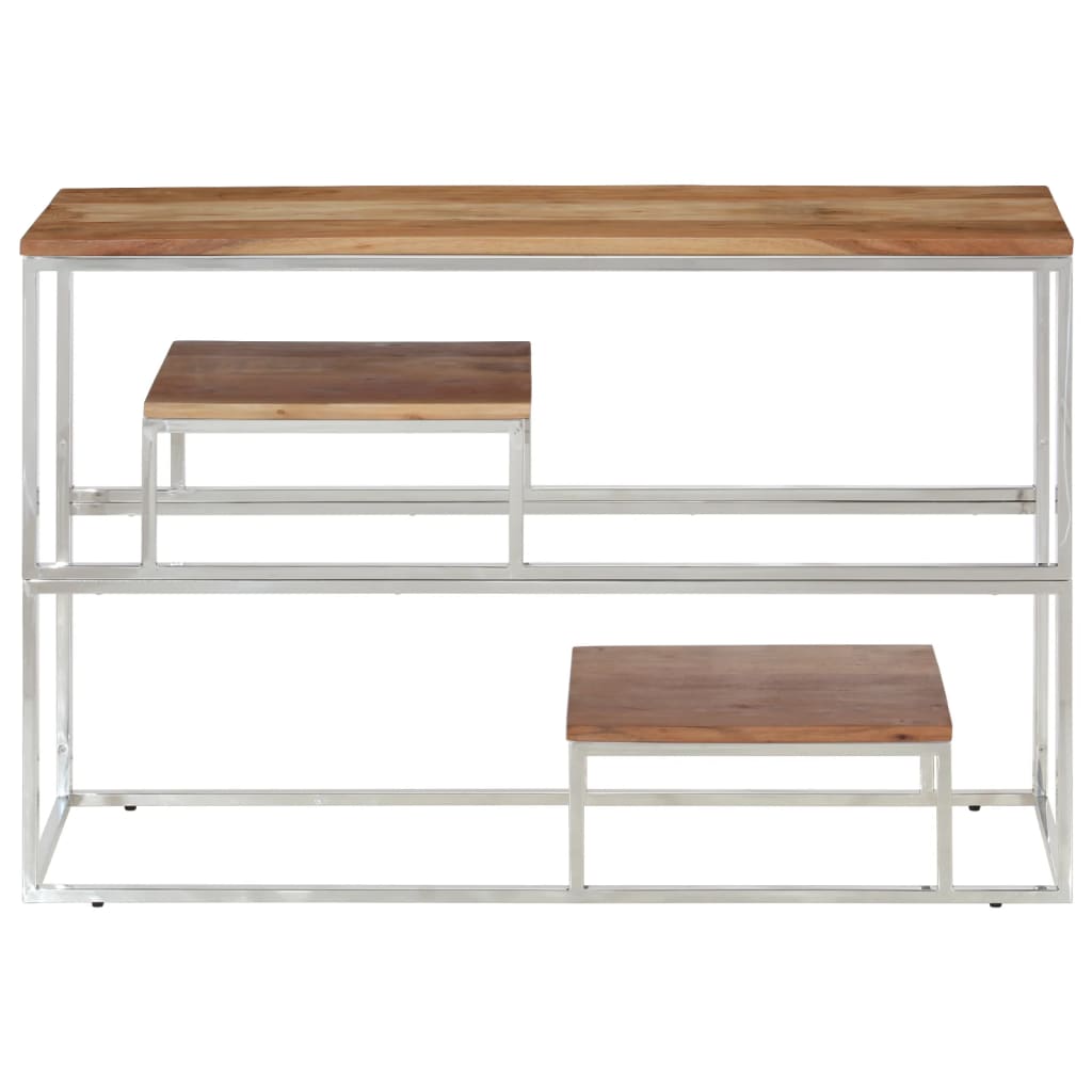 Console table, silver stainless steel and solid acacia wood