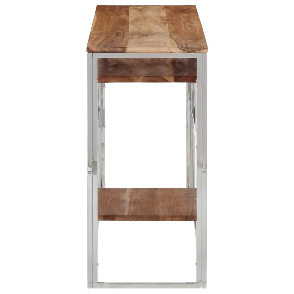 Console table, silver stainless steel and solid acacia wood