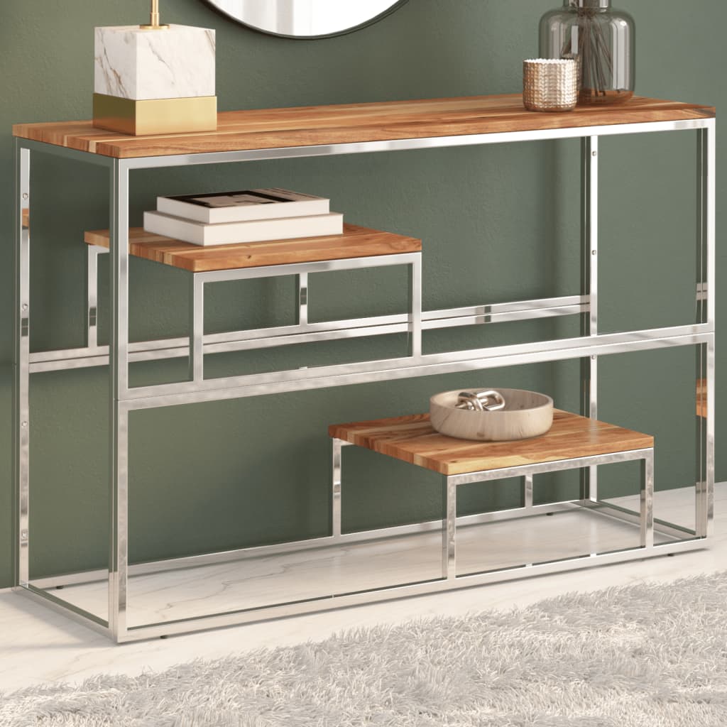 Console table, silver stainless steel and solid acacia wood