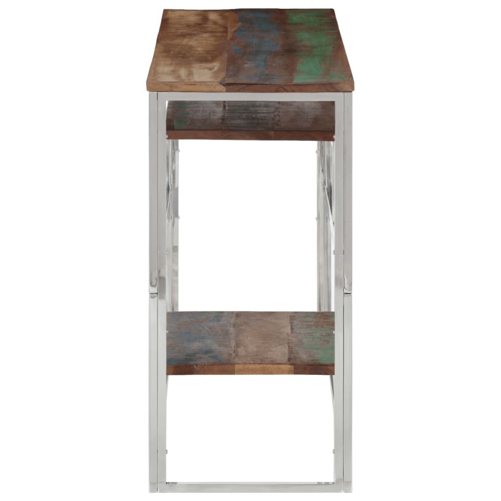 Console table, silver stainless steel and solid recycled wood