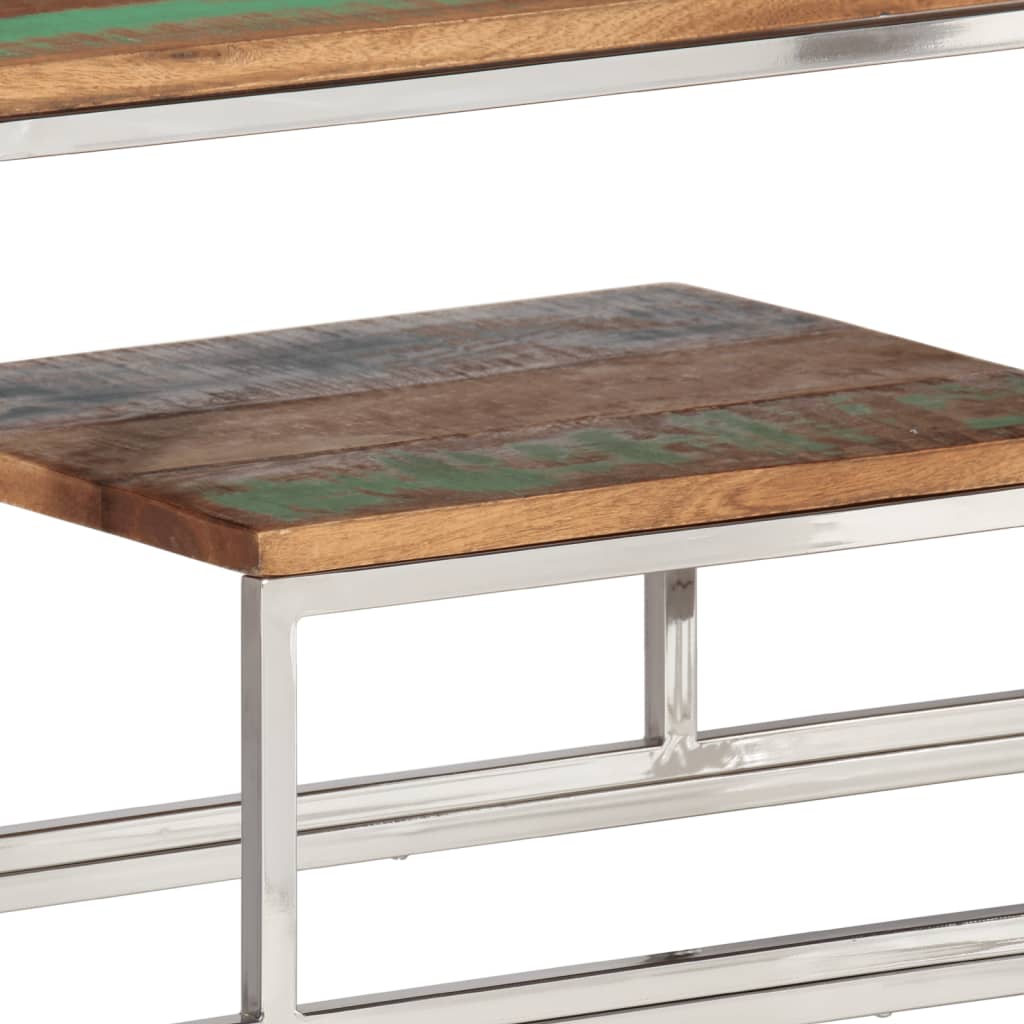 Console table, silver stainless steel and solid recycled wood