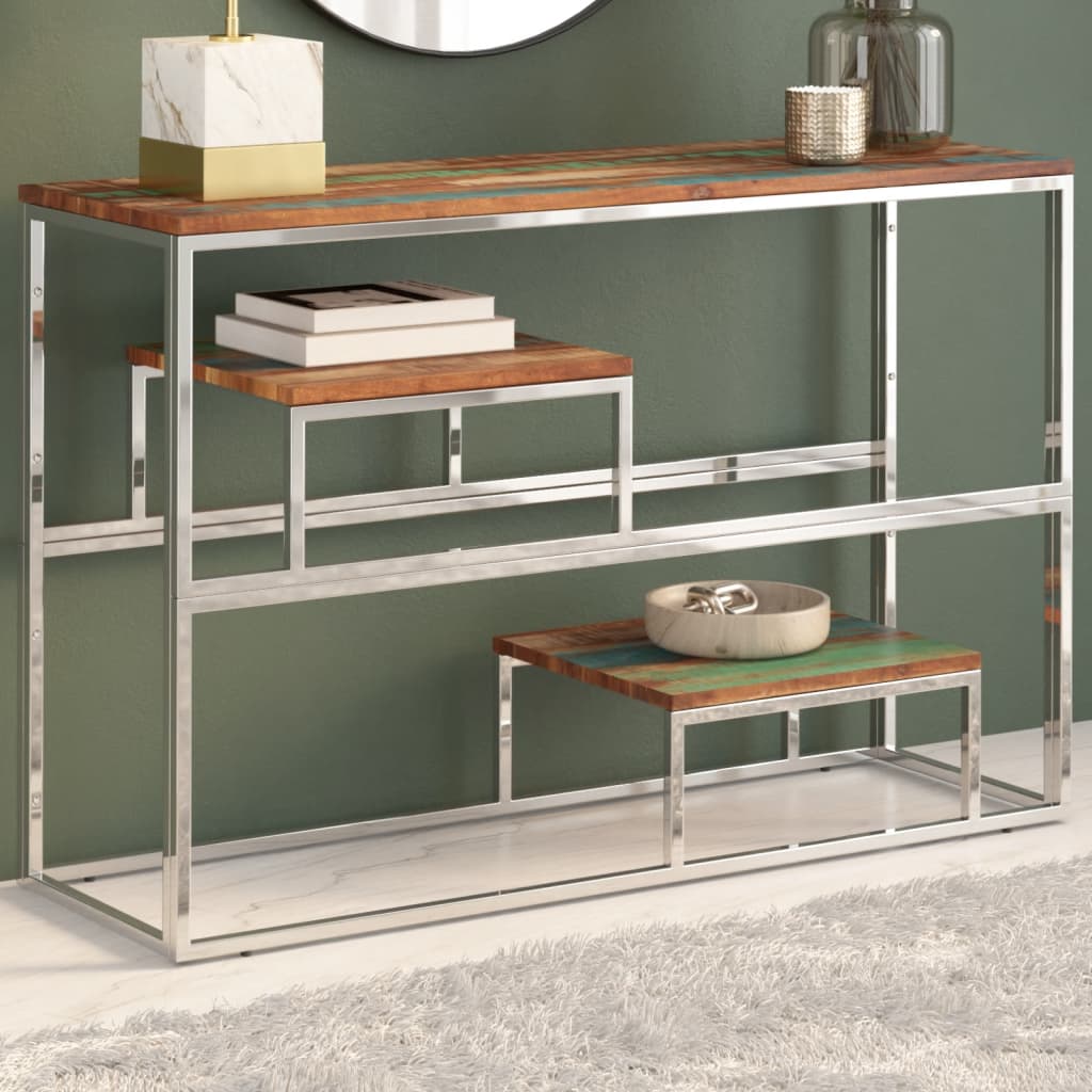 Console table, silver stainless steel and solid recycled wood