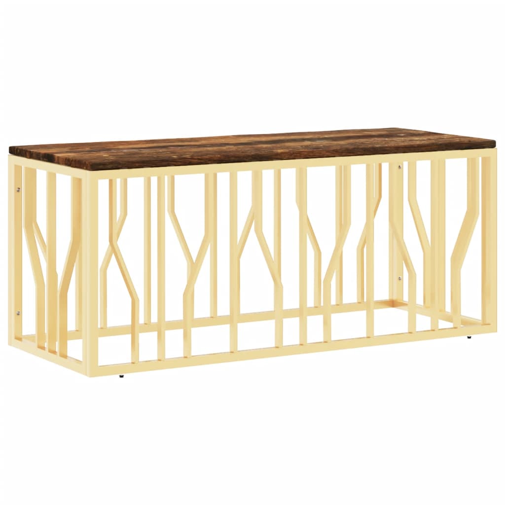 Coffee table, gold, stainless steel and solid recycled wood