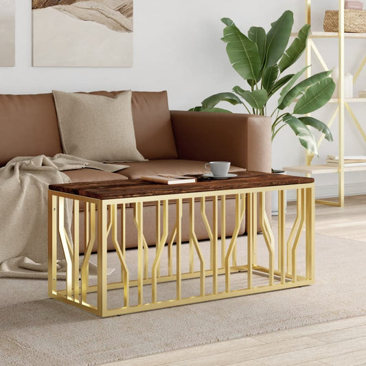 Coffee table, gold, stainless steel and solid recycled wood