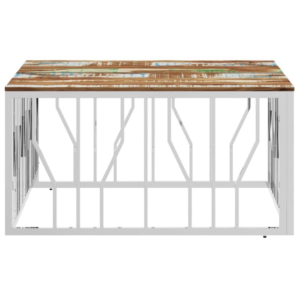 Coffee table made of stainless steel and solid recycled wood