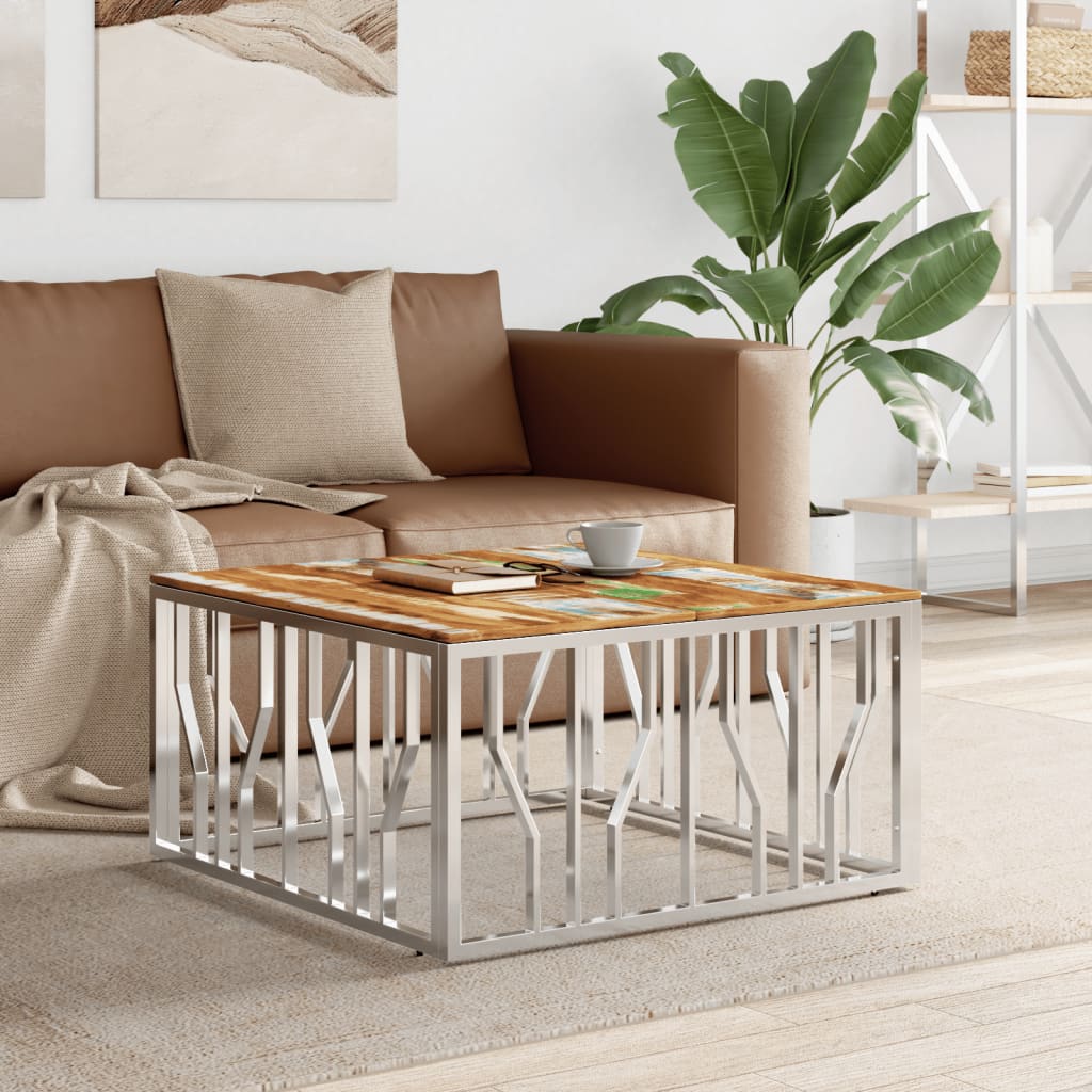 Coffee table made of stainless steel and solid recycled wood