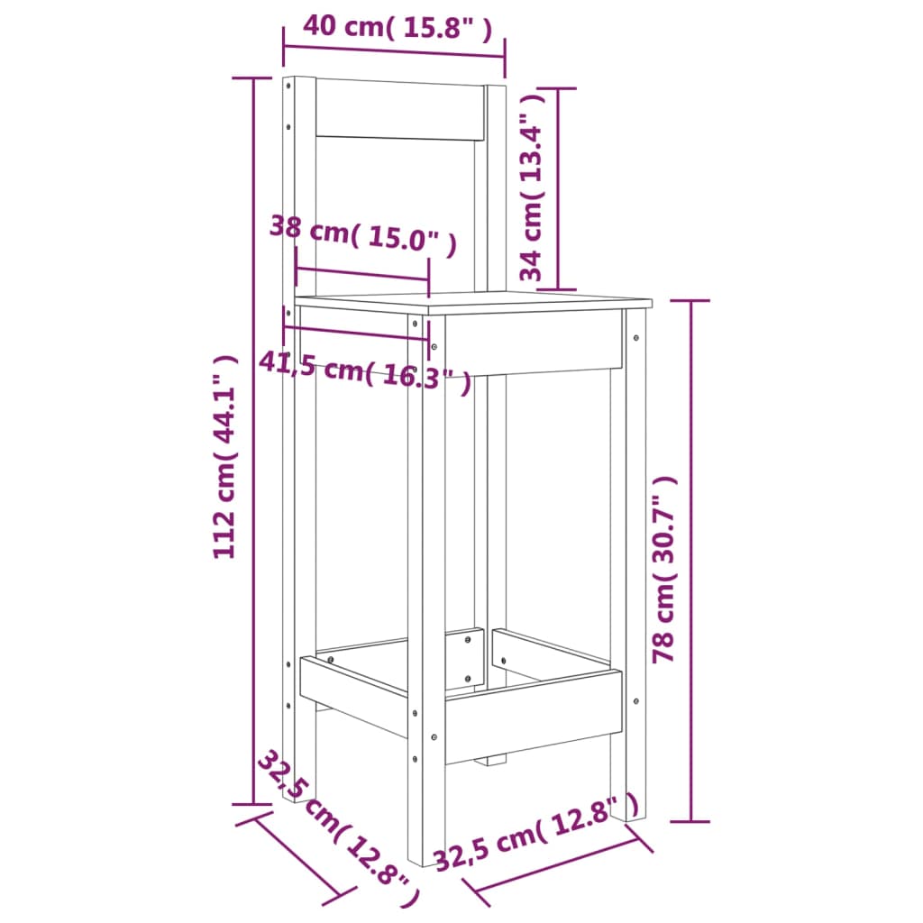 Bar stools, 2 pcs., 40x41.5x112 cm, solid pine wood