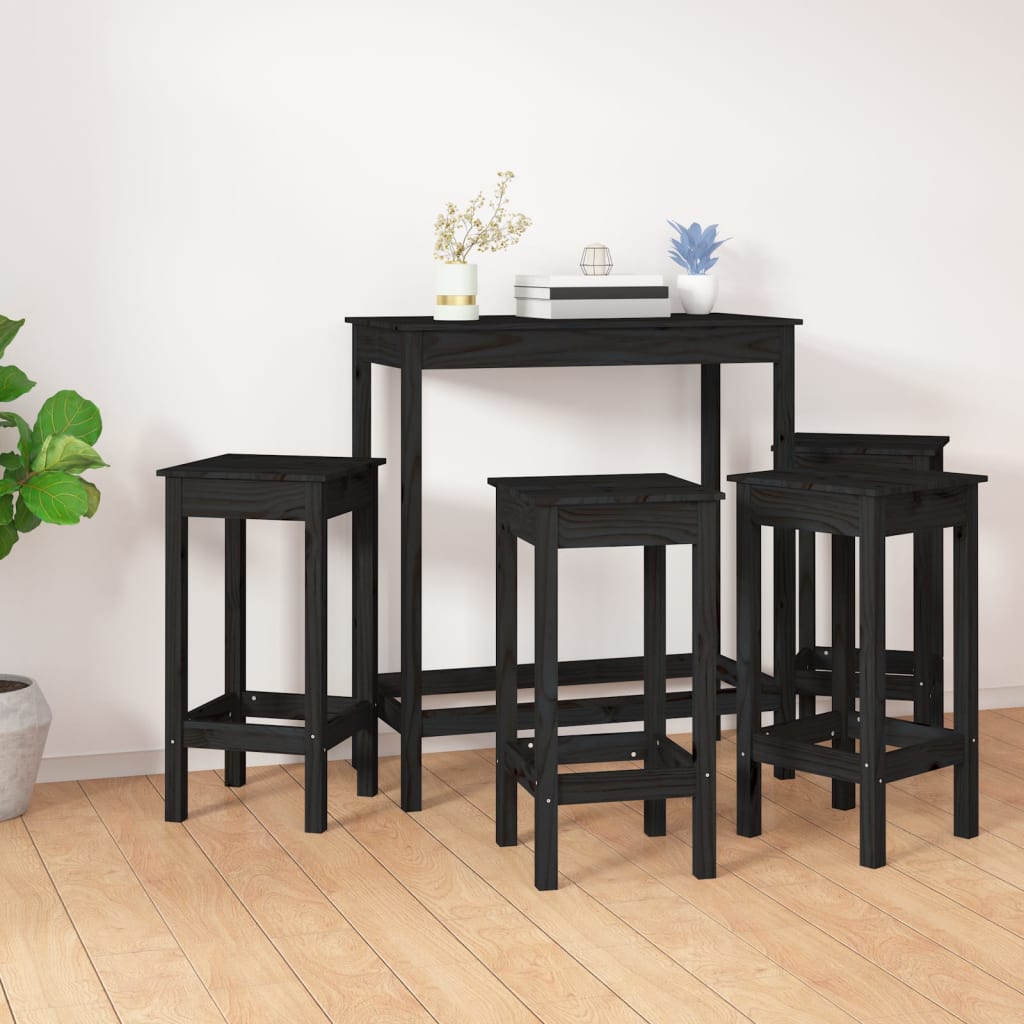 Bar furniture set, 5 pieces, black, solid pine wood