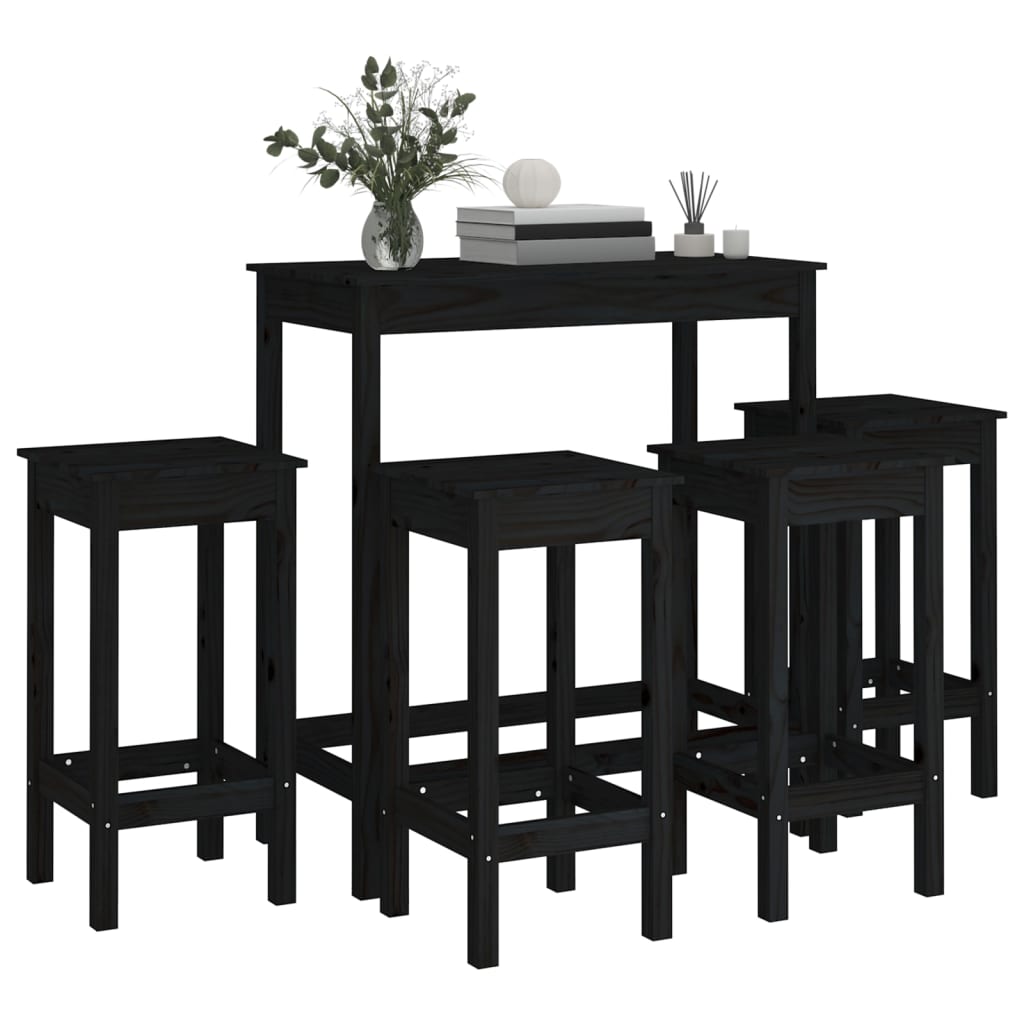 Bar furniture set, 5 pieces, black, solid pine wood