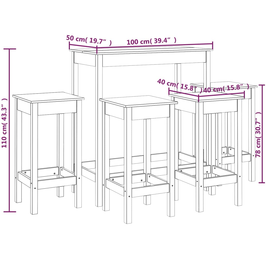 Bar furniture set, 5 pieces, black, solid pine wood