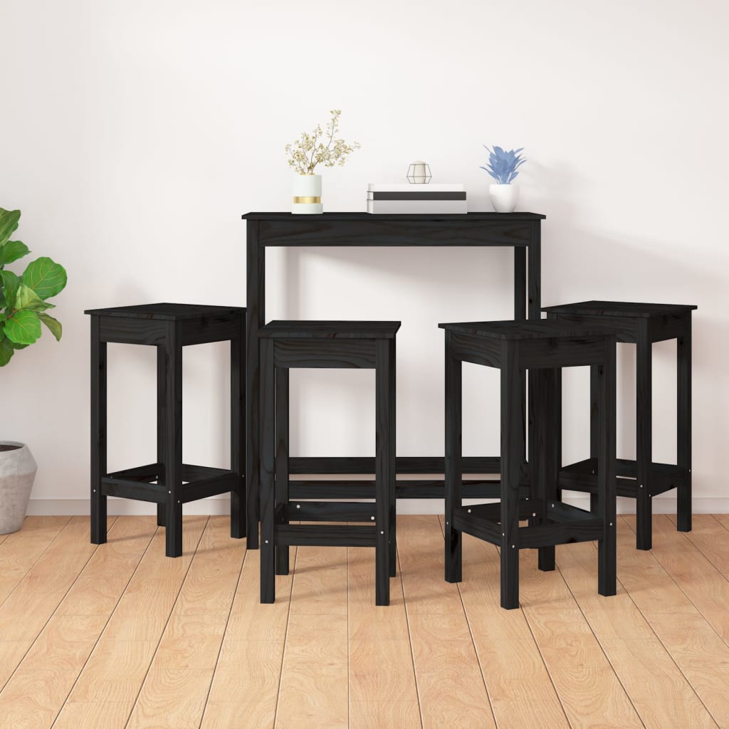 Bar furniture set, 5 pieces, black, solid pine wood