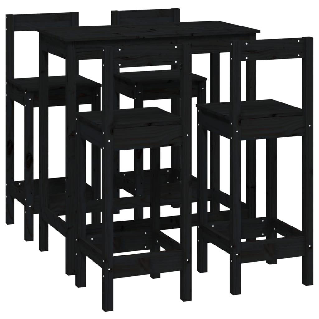 Bar furniture set, 5 pieces, black, solid pine wood