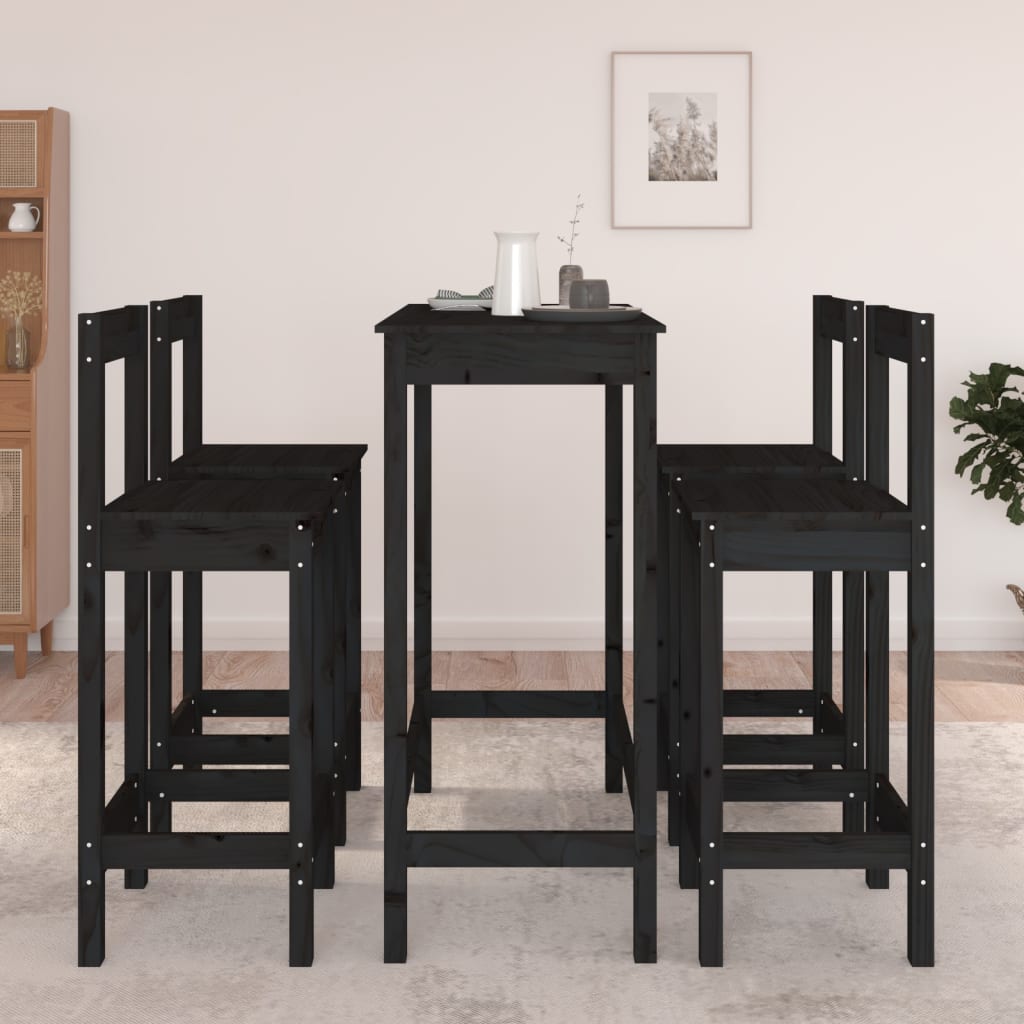 Bar furniture set, 5 pieces, black, solid pine wood