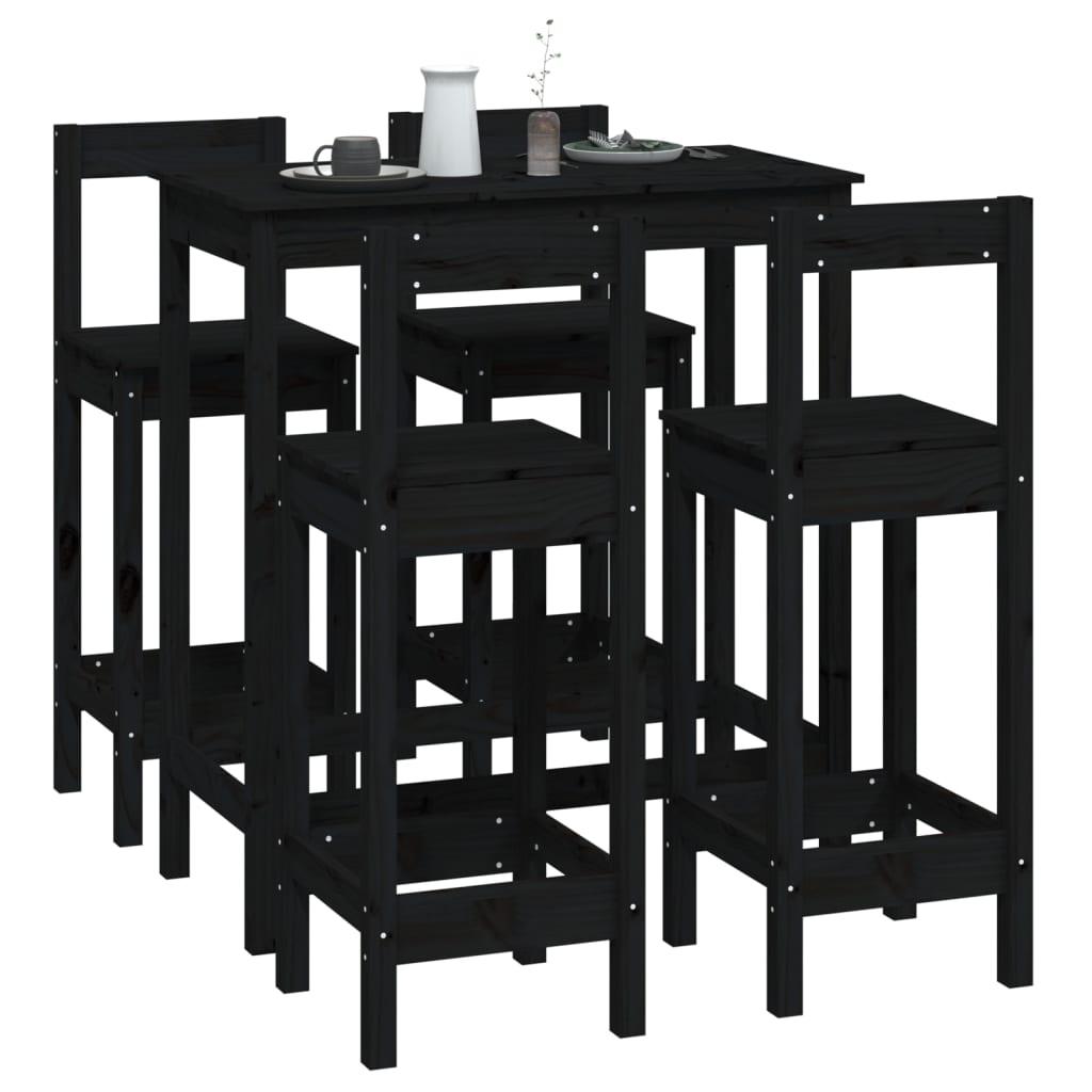 Bar furniture set, 5 pieces, black, solid pine wood