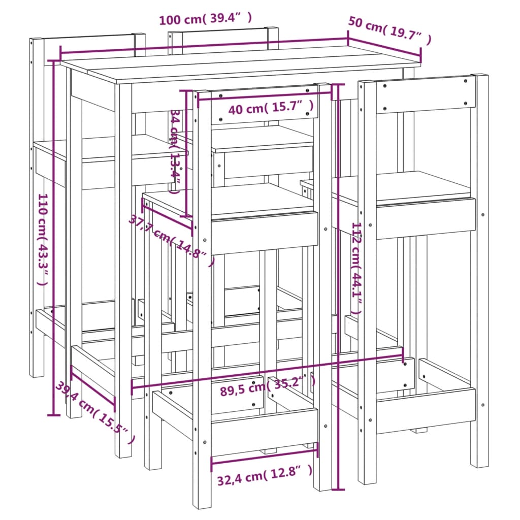 Set mobilier de bar, 5 piese, negru, lemn masiv de pin