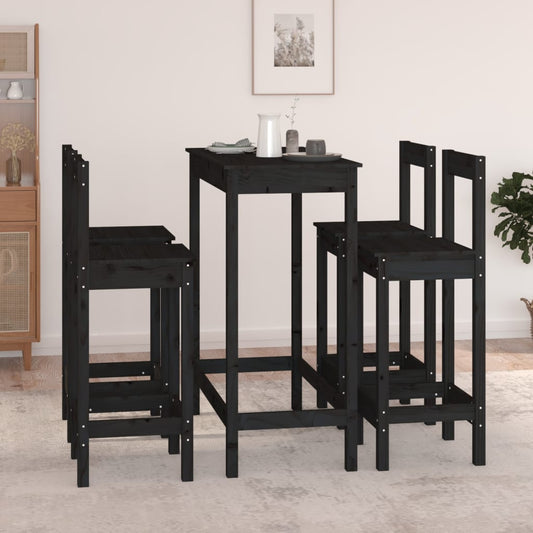 Bar furniture set, 5 pieces, black, solid pine wood