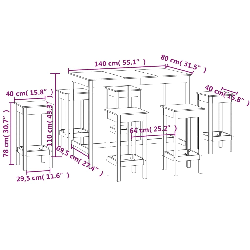 Bar furniture set, 7 pieces, solid pine wood