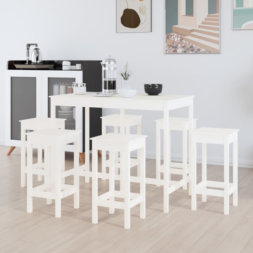 Bar furniture set, 7 pieces, white, solid pine wood