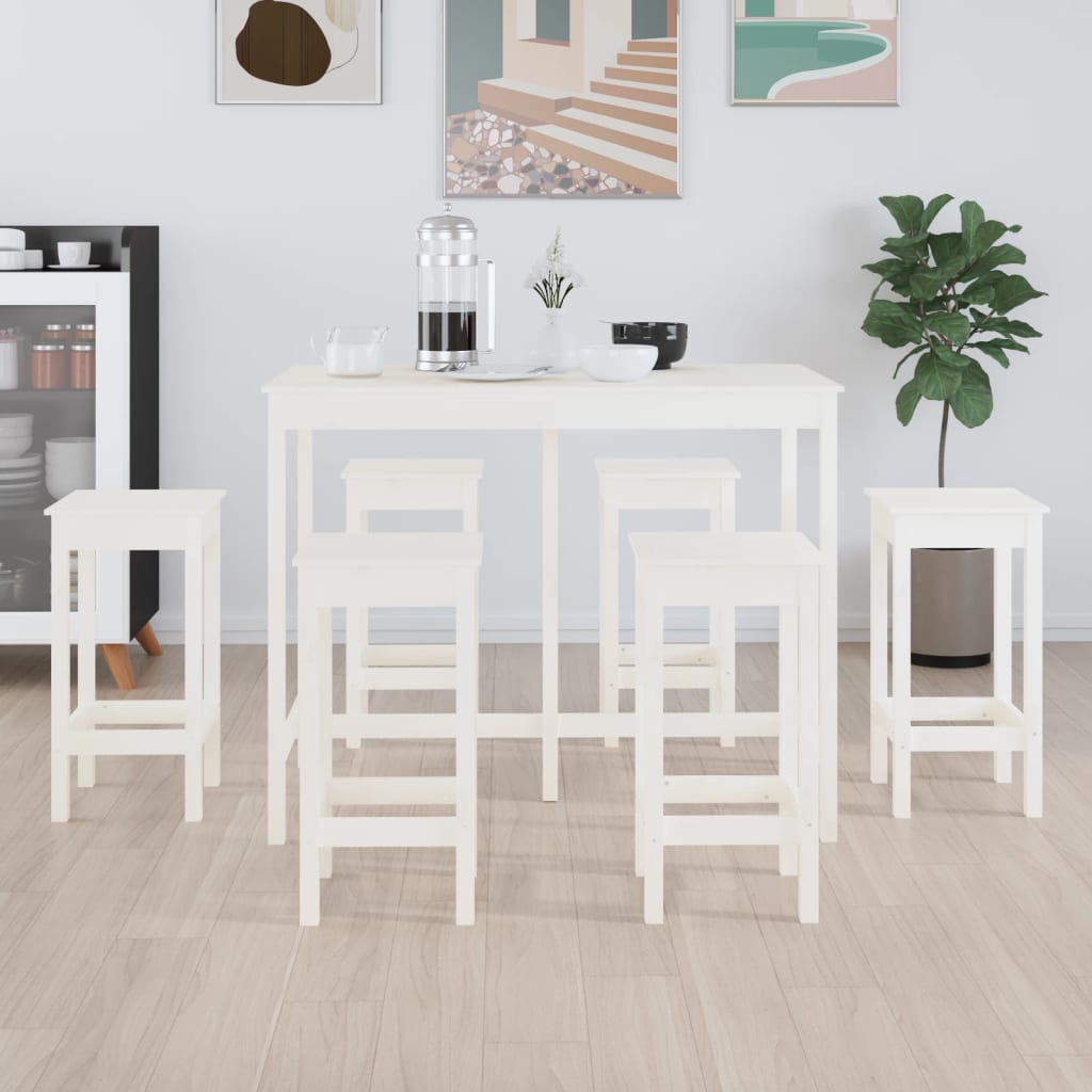 Bar furniture set, 7 pieces, white, solid pine wood