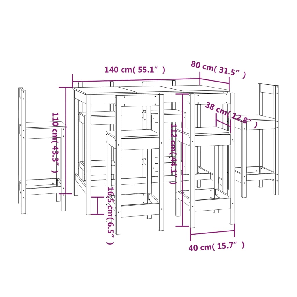 Bar furniture set, 7 pieces, solid pine wood