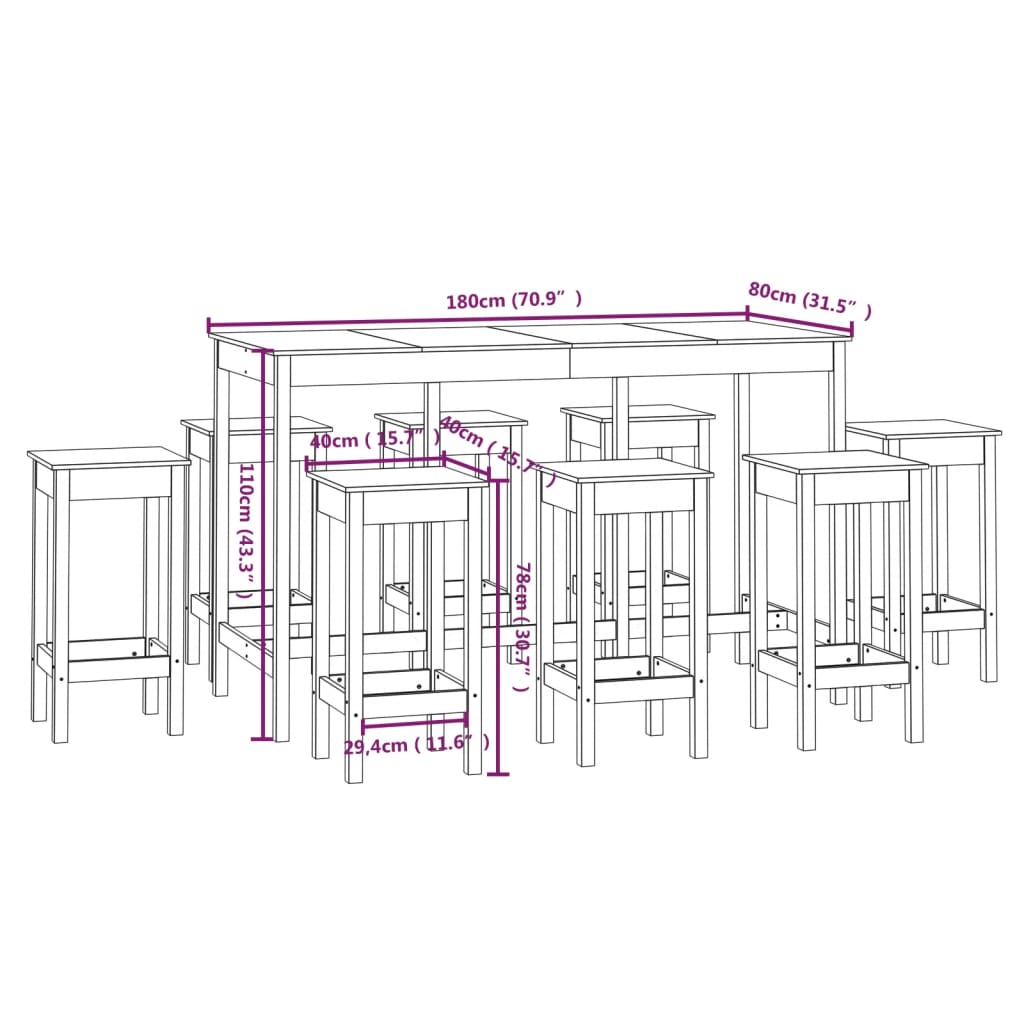 Bar furniture set, 9 pieces, solid pine wood