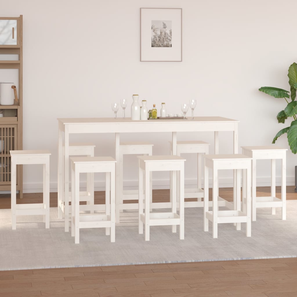 Bar furniture set, 9 pieces, white, solid pine wood