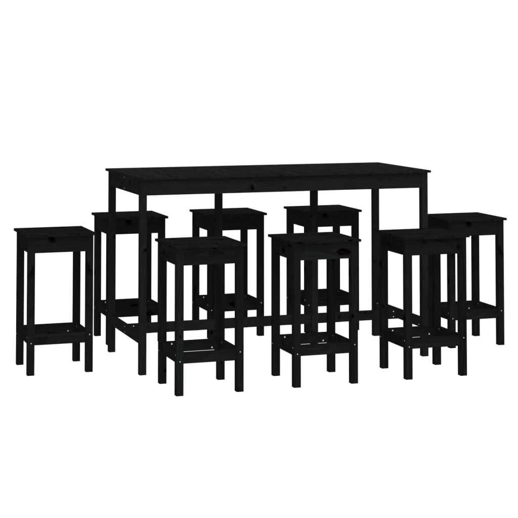 Bar furniture set, 9 pieces, black, solid pine wood