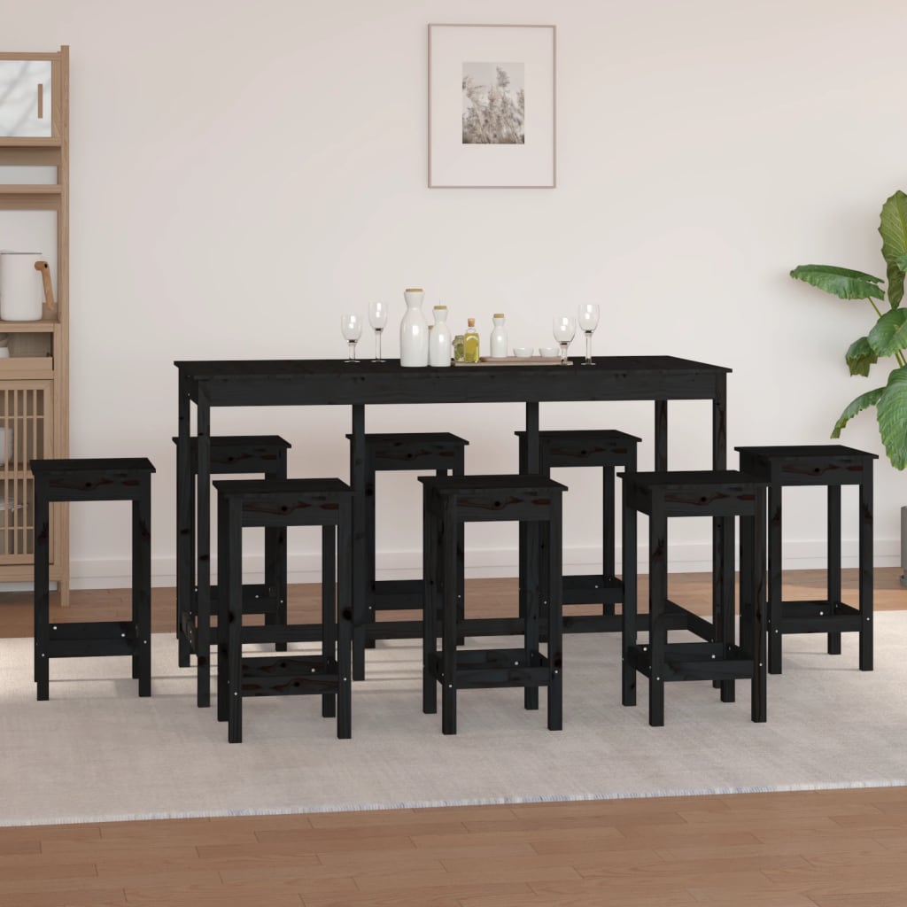 Bar furniture set, 9 pieces, black, solid pine wood