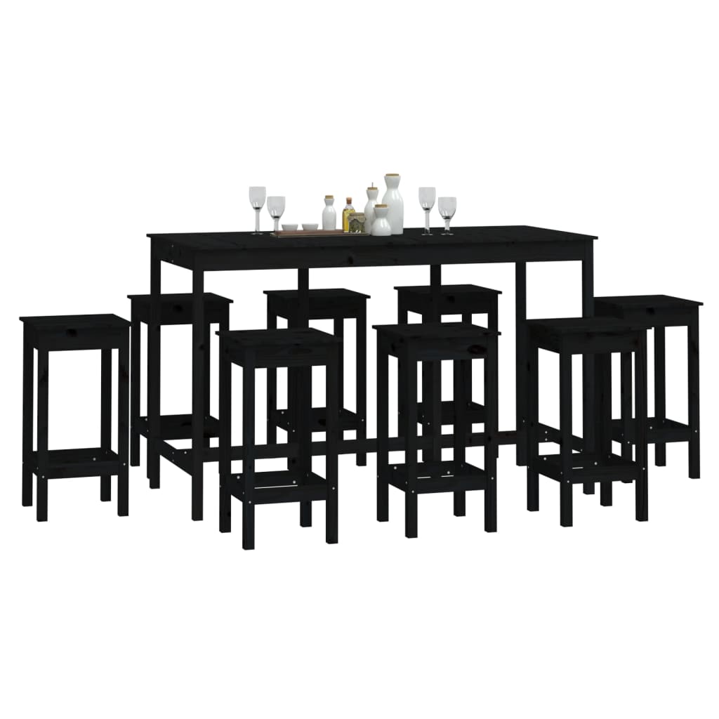 Bar furniture set, 9 pieces, black, solid pine wood