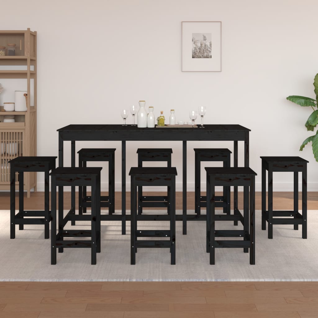 Bar furniture set, 9 pieces, black, solid pine wood