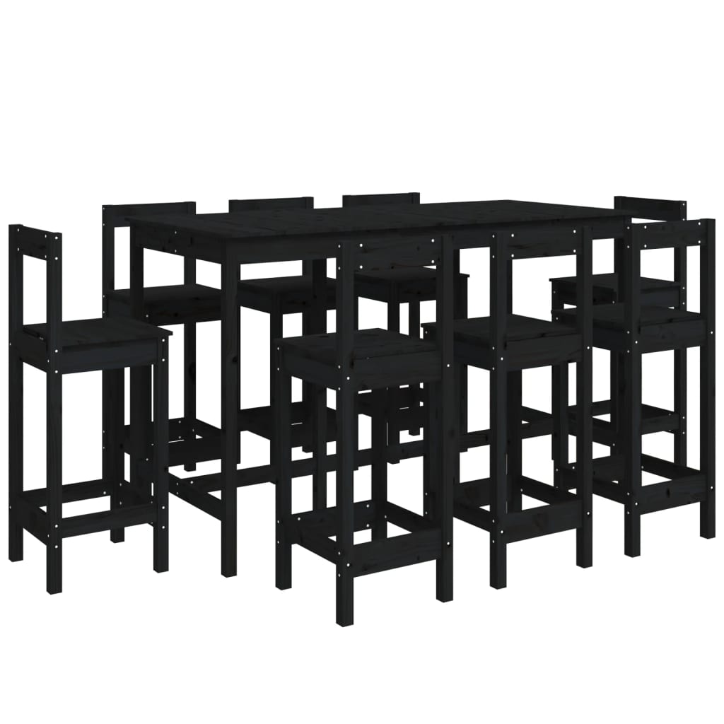 Bar furniture set, 9 pieces, black, solid pine wood