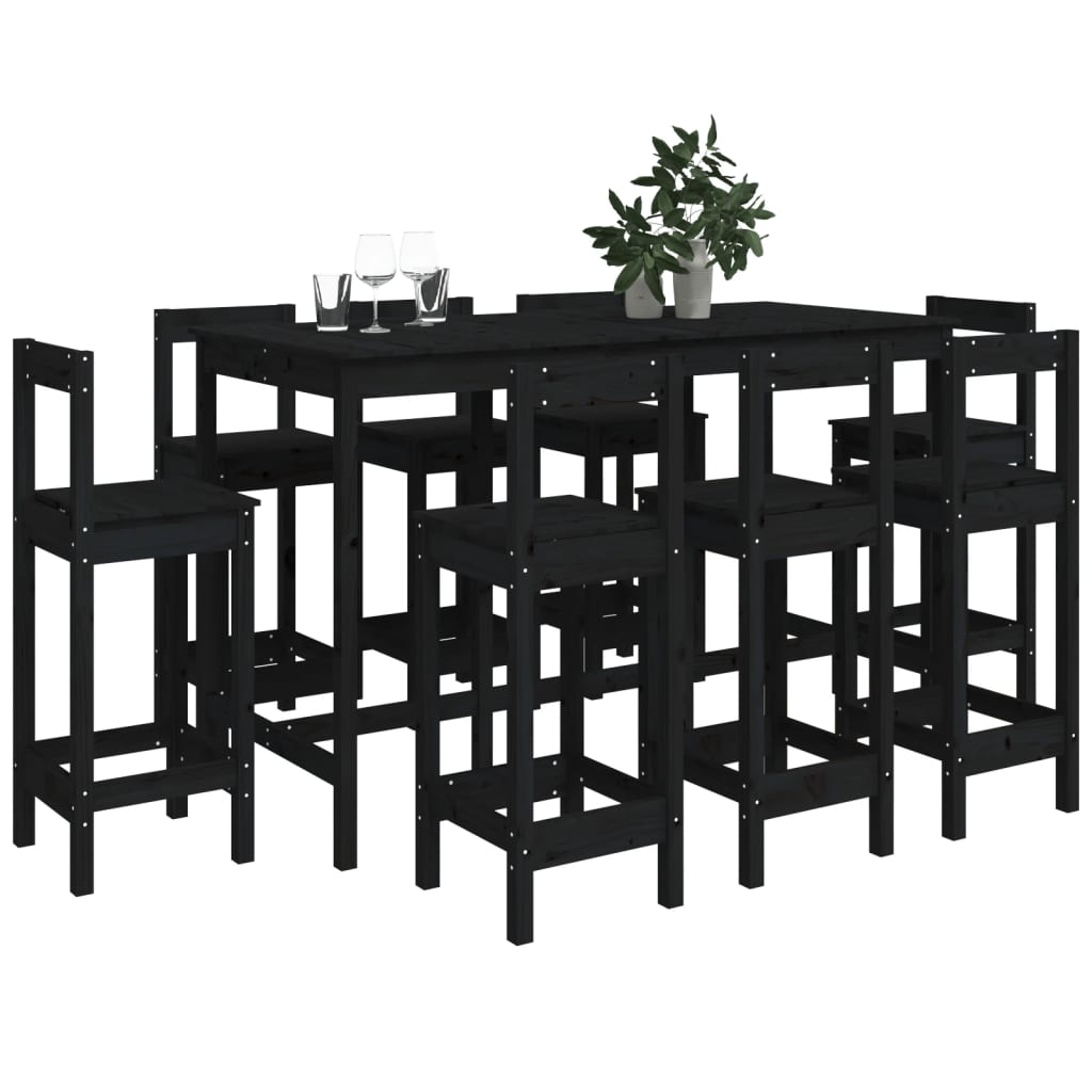 Bar furniture set, 9 pieces, black, solid pine wood