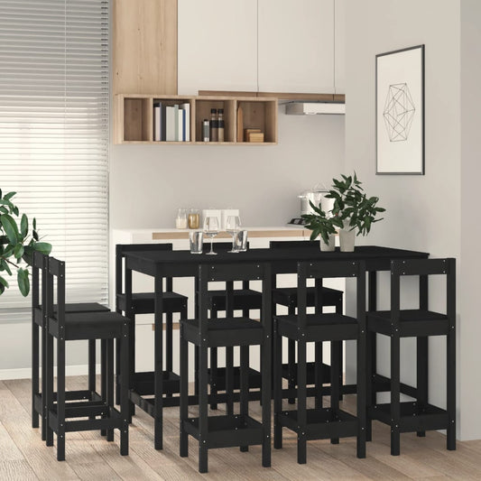 Bar furniture set, 9 pieces, black, solid pine wood