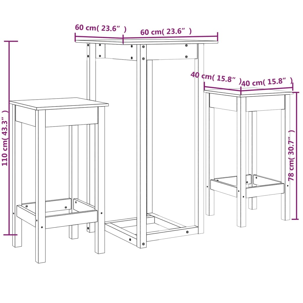 Set mobilier de bar, 3 piese, lemn masiv de pin